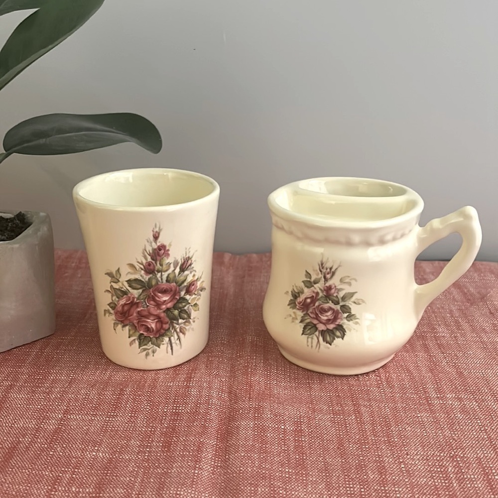 Vintage Collectable ATHENA Pink/Burgundy Roses SHAVING MUG Set. Or toothbrush